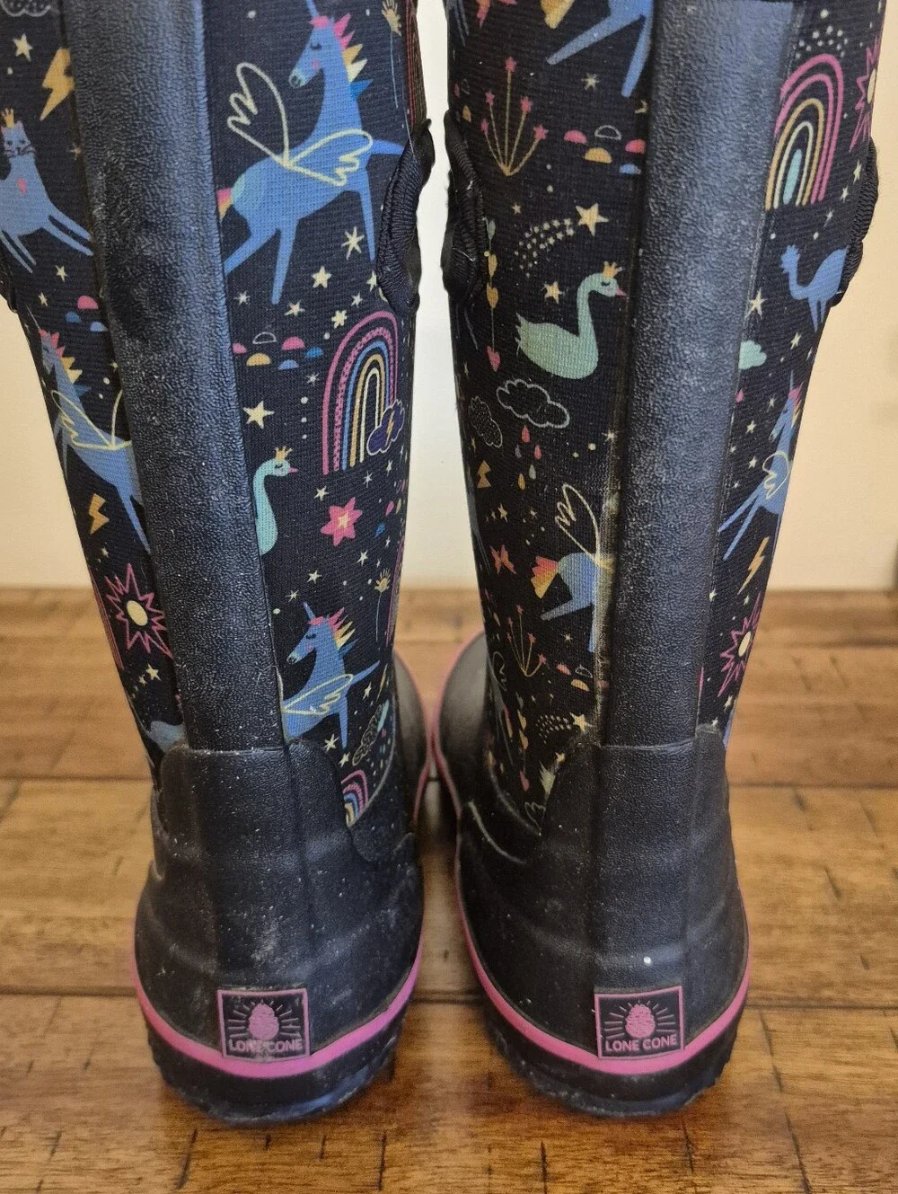 Lone Cone Kids' Black Rain Boots with Colorful Unicorn & Rainbow Print 12
